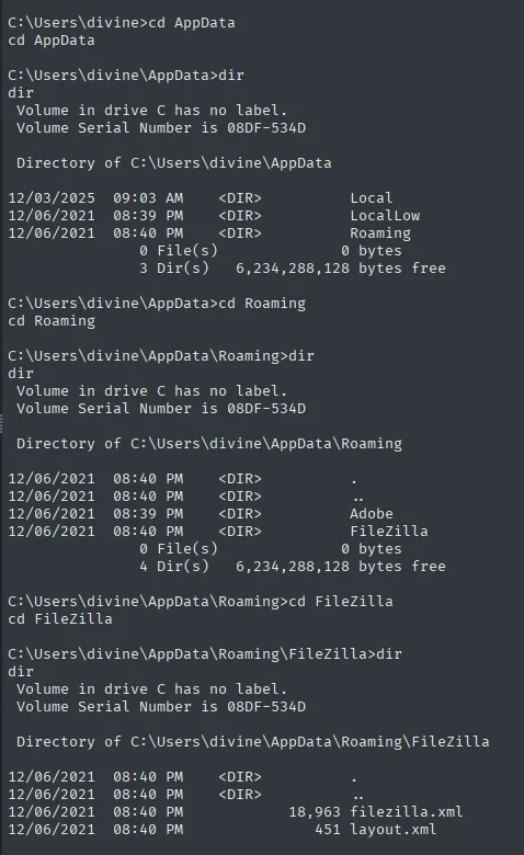 enumeración de AppData\Roaming\FileZilla en el home de divine