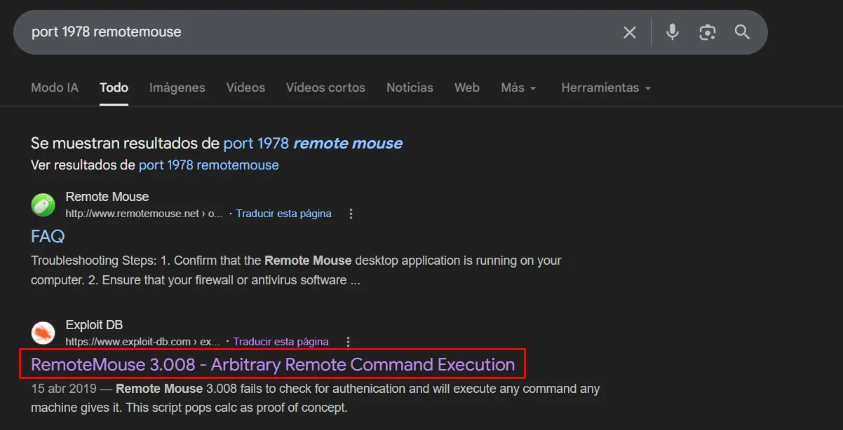 Búsqueda "port 1978 remotemouse" que apunta a "RemoteMouse 3.008 - Arbitrary Remote Command Execution" en Exploit-DB