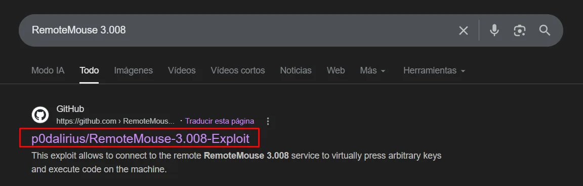Búsqueda "RemoteMouse 3.008" que apunta al repo p0dalirius/RemoteMouse-3.008-Exploit