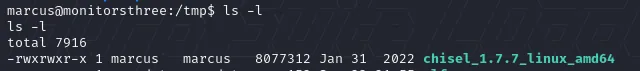 el ls -l del /tmp de marcus muestra chisel_1.7.7_linux_amd64 con permisos -rwxrwxr-x y 8077312 bytes