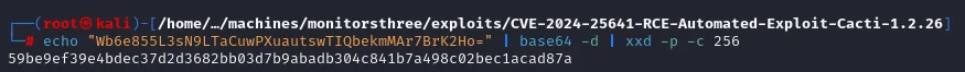 el echo con base64 -d y xxd -p -c 256 devuelve la cadena hexadecimal 59be9ef39e4bdec37d2d3682bb03d7b9abadb304c841b7a498c02bec1acad87a