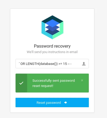 el formulario Password recovery con la carga ' OR LENGTH(database()) >= 15 -- - y el banner verde Successfully sent password reset request!