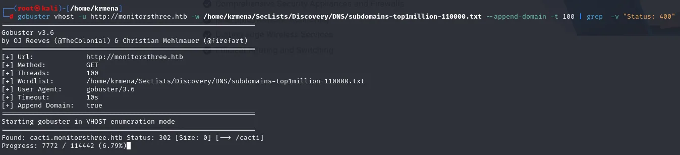 gobuster vhost recorre el diccionario de 114442 palabras y, al 6,79%, ya ha encontrado cacti.monitorsthree.htb con Status 302 hacia /cacti