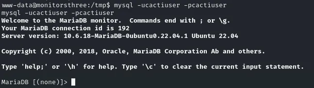 el cliente de MariaDB 10.6.18 acepta las credenciales cactiuser:cactiuser y deja el prompt MariaDB none
