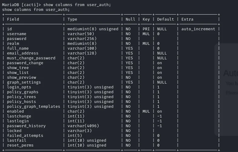 show columns from user_auth lista id, username, password varchar(256), realm, full_name, email_address, must_change_password y el resto de columnas de control