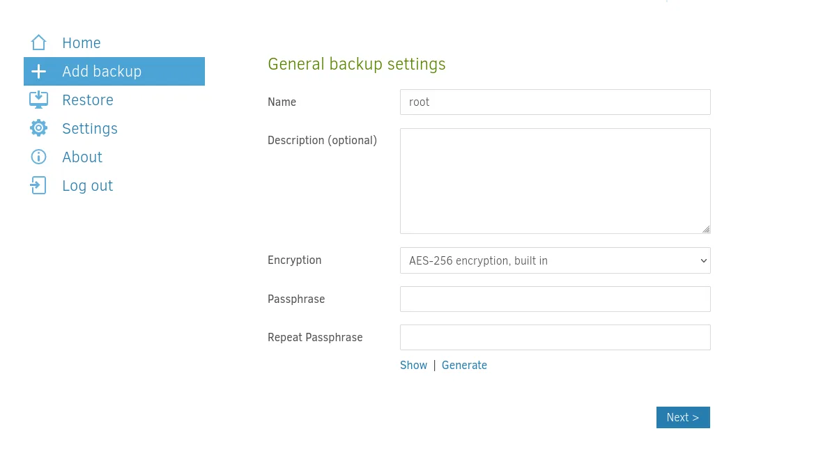 el paso General backup settings con el nombre root, cifrado AES-256 y los campos de passphrase vacíos