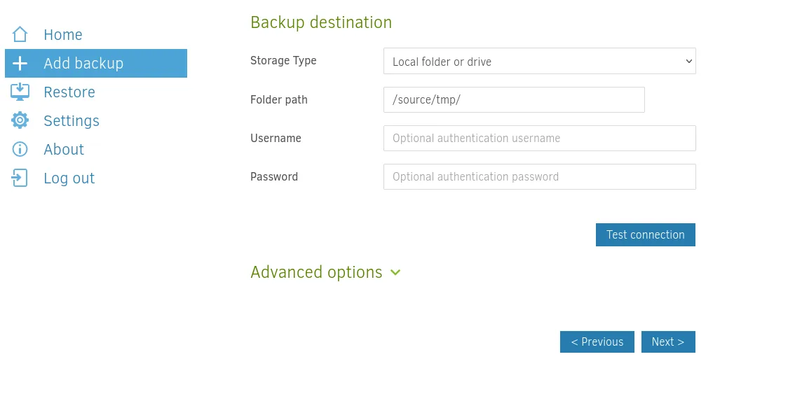el paso Backup destination con Storage Type Local folder or drive y Folder path /source/tmp/