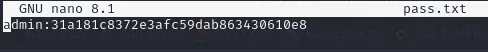 el fichero pass.txt en nano con la línea admin:31a181c8372e3afc59dab863430610e8