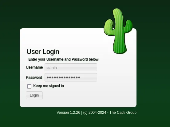 el formulario User Login de Cacti relleno con admin y la contraseña, con la versión 1.2.26 en el pie