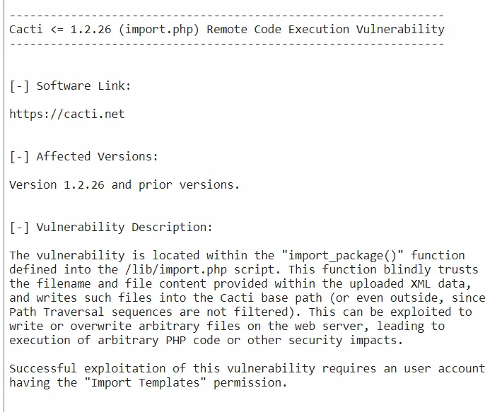 el aviso de la vulnerabilidad: Cacti <= 1.2.26 (import.php) Remote Code Execution, con la descripción de import_package() que confía ciegamente en el nombre y contenido de los ficheros y no filtra el path traversal