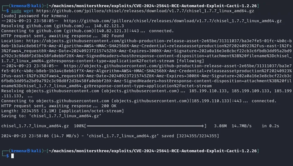 el wget sigue el 302 de github.com hasta objects.githubusercontent.com y descarga los 3,1 MB del chisel_1.7.7_linux_amd64.gz