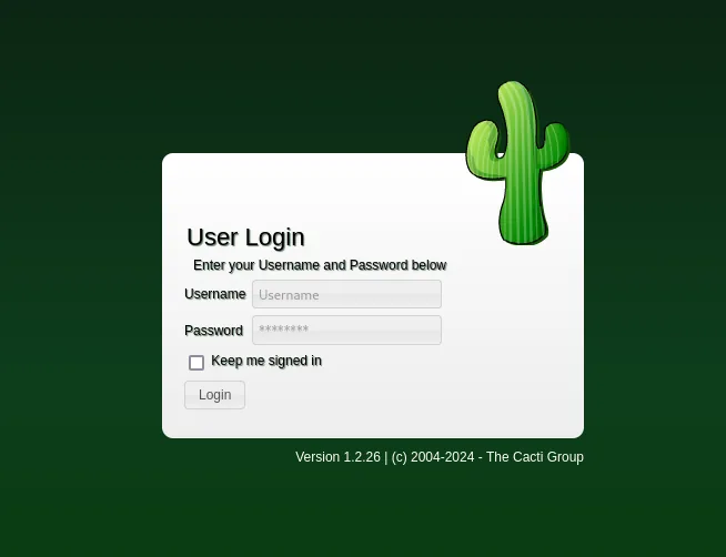 Login de Cacti, versión 1.2.26 visible en el pie