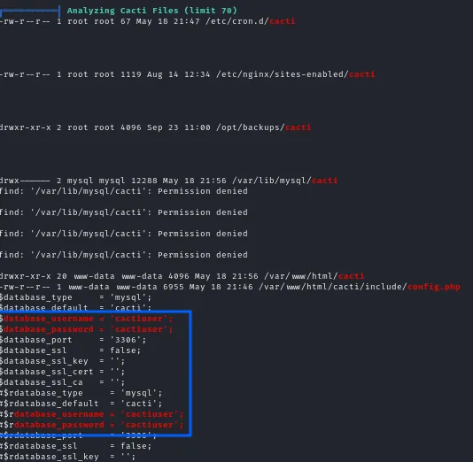 config.php de Cacti con las credenciales de base de datos cactiuser:cactiuser