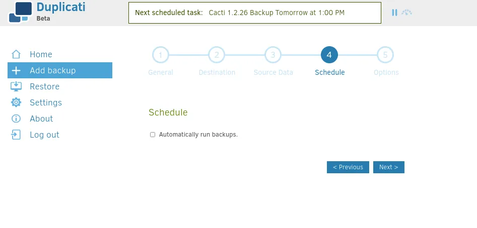 Asistente de Duplicati para añadir una copia de seguridad de /root