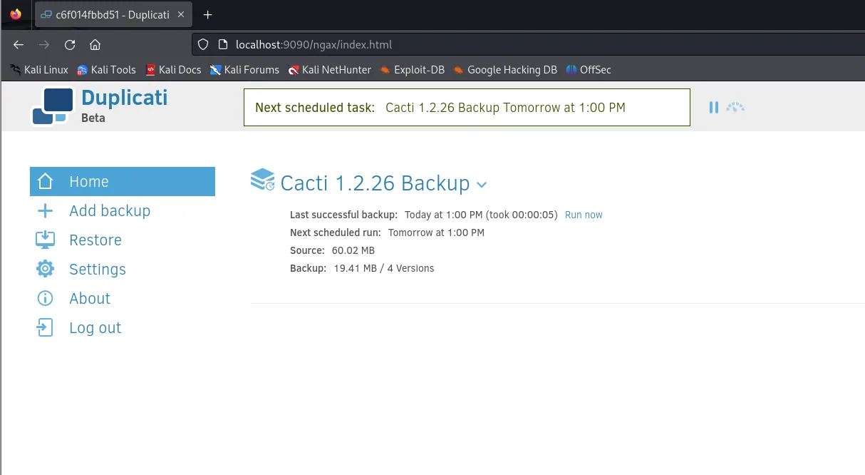 el panel de Duplicati ya autenticado, mostrando la tarea existente Cacti 1.2.26 Backup
