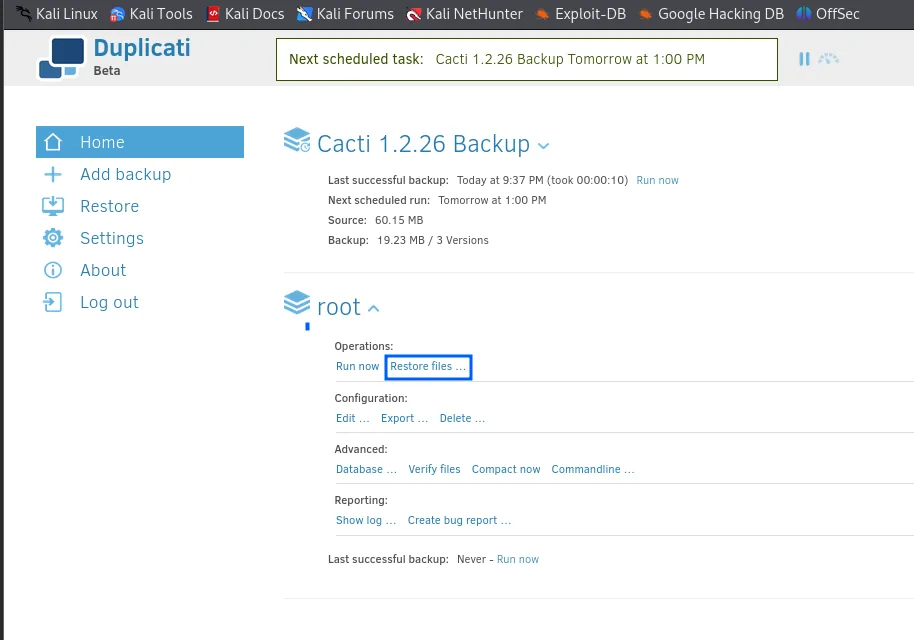 la lista de trabajos con el nuevo trabajo root y su aviso Last successful backup: Never