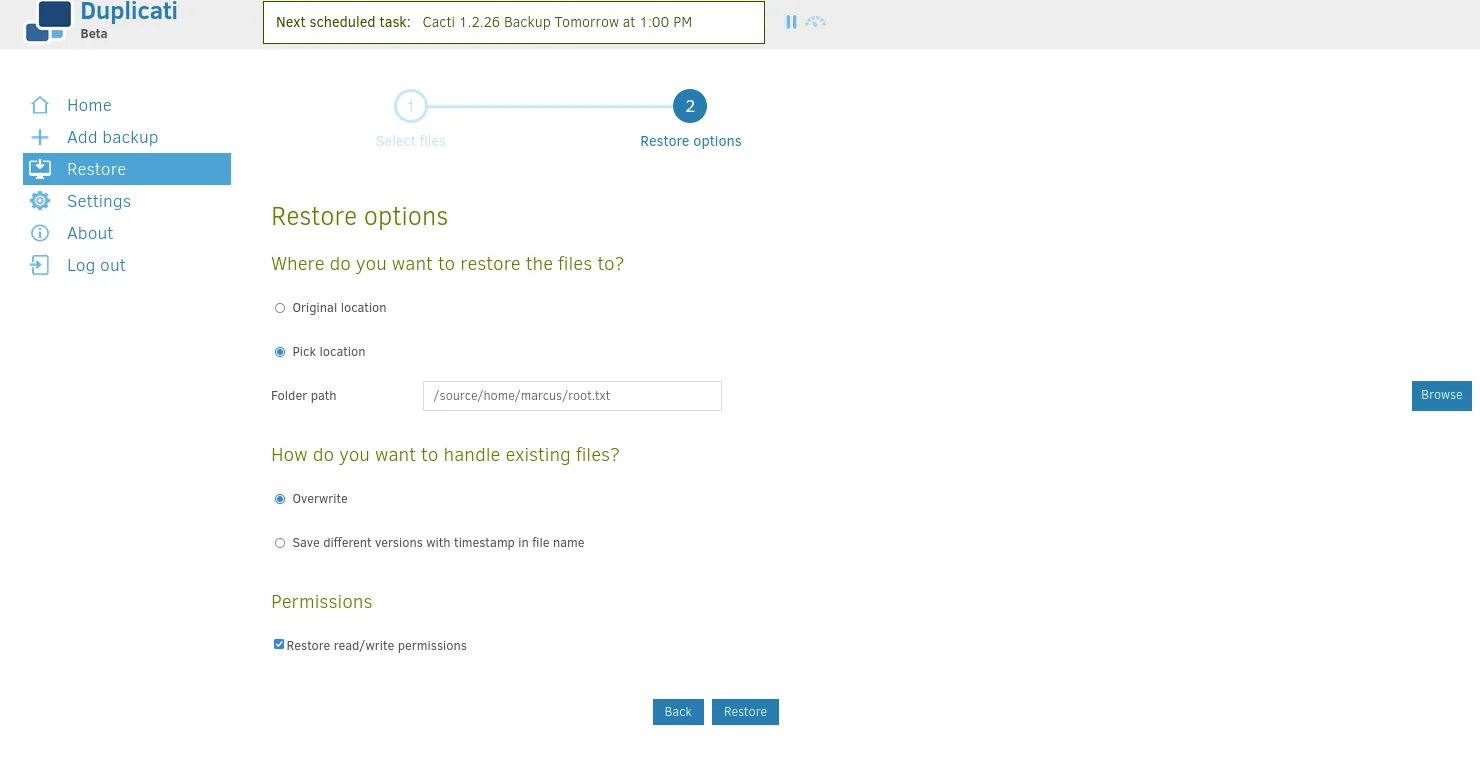 las opciones de restauración con Pick location apuntando a /source/home/marcus/root.txt y Overwrite marcado