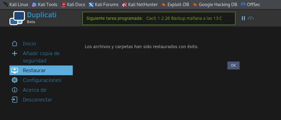 Duplicati confirma que los archivos se han restaurado con éxito
