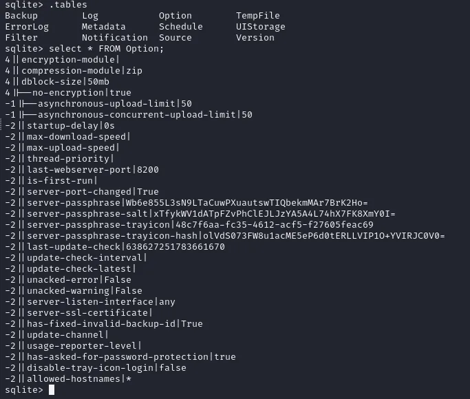 Tabla Option de Duplicati con server-passphrase y su salt