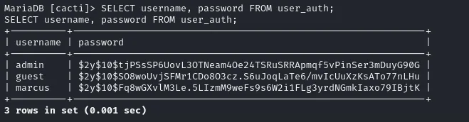 Tabla user_auth con los hashes bcrypt de admin, guest y marcus