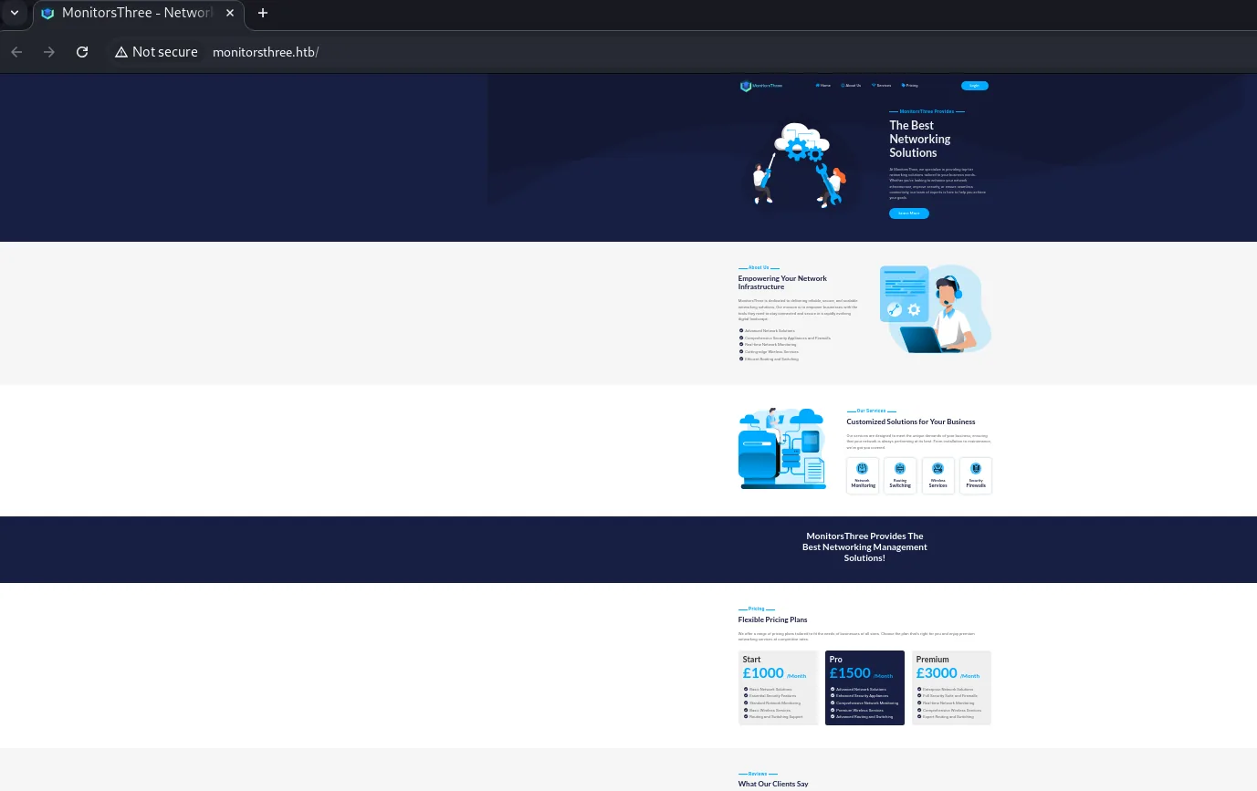 Portada de monitorsthree.htb, una web corporativa de soluciones de red