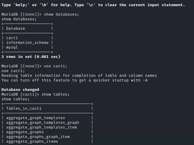 MariaDB 10.6.18 lista tres bases de datos y, dentro de cacti, decenas de tablas