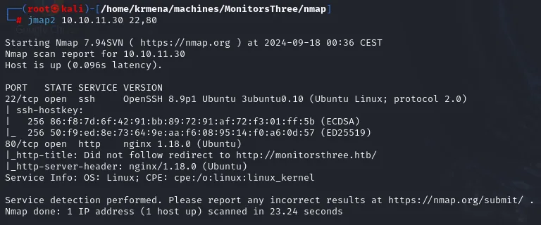 nmap identifica OpenSSH 8.9p1 sobre Ubuntu y nginx 1.18.0, avisando de una redirección a monitorsthree.htb