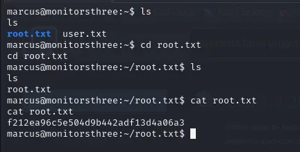 marcus lista su directorio, entra en root.txt y lee la flag