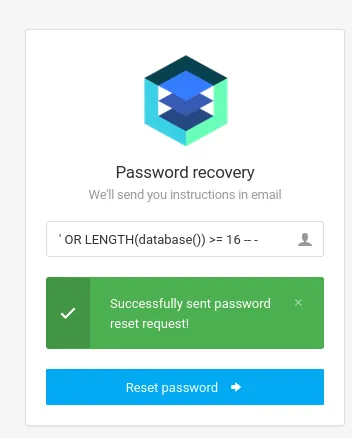 con >= 16 el formulario responde Successfully sent password reset request!