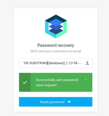 el formulario de Password recovery responde en verde Successfully sent password reset request!