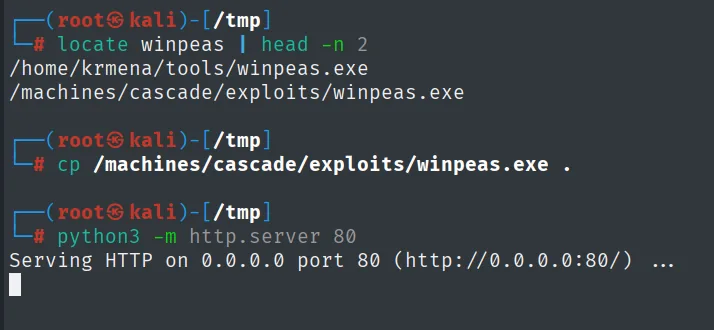 locate encuentra dos copias de winpeas.exe, se copia una al directorio actual y se levanta el http.server en el 80