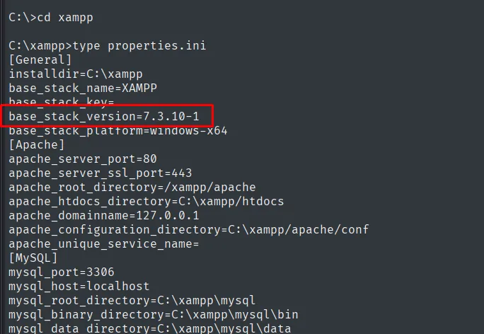 el properties.ini de XAMPP con base_stack_version 7.3.10-1 resaltado, junto a los puertos y rutas de Apache y MySQL