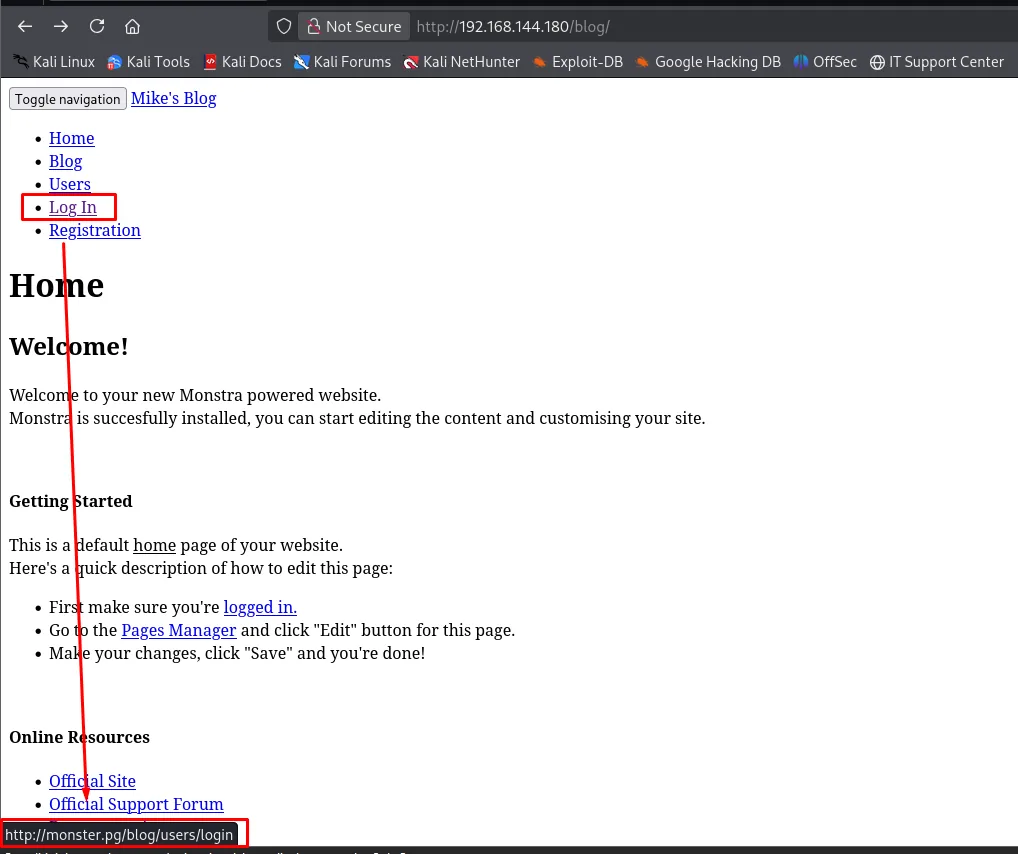 blog Monstra de Mike; el enlace Log In apunta a http://monster.pg/blog/users/login