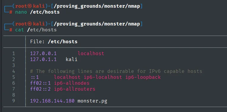 /etc/hosts con la línea 192.168.144.180 monster.pg añadida
