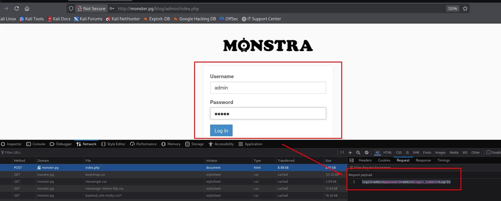 panel de login de Monstra 3.0.4 y, en DevTools, el POST login=admin&amp;password=admin&amp;login_submit=Log+In