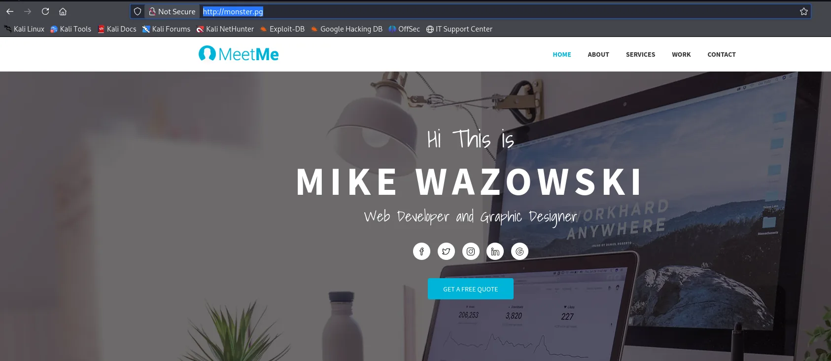 sitio raíz de monster.pg: landing "MeetMe" de Mike Wazowski, Web Developer