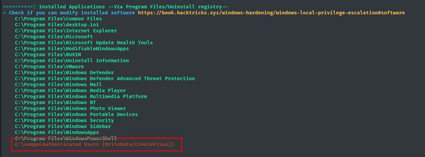 winPEAS marca C:\\xampp como escribible