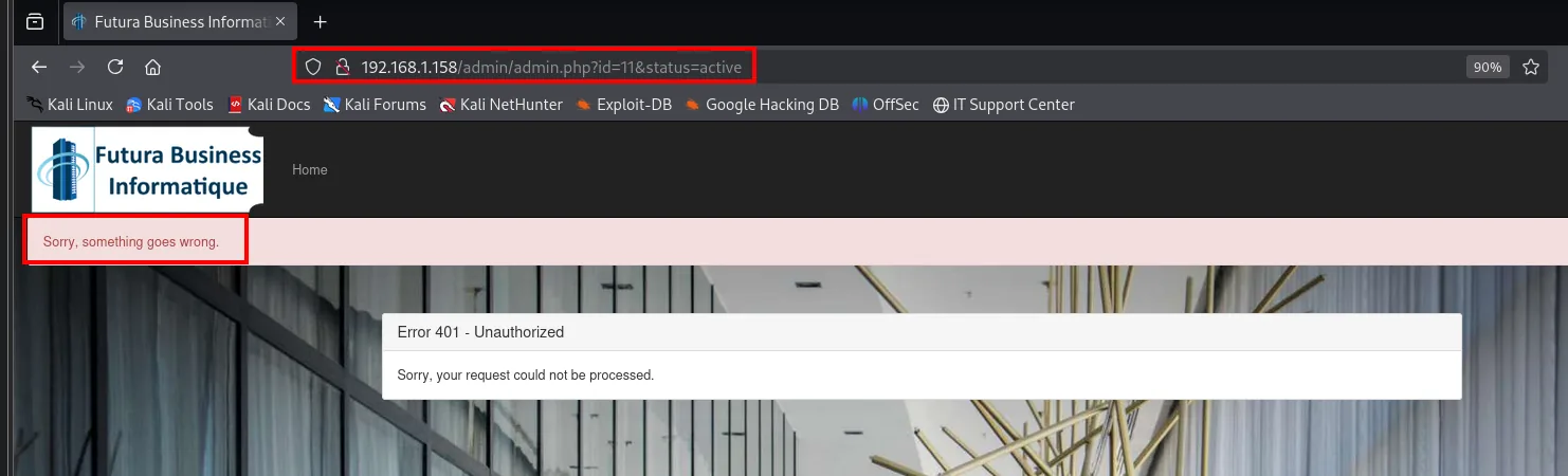 la URL admin/admin.php?id=11&status=active devuelve Sorry, something goes wrong con un Error 401 - Unauthorized al pedirla desde nuestra sesión